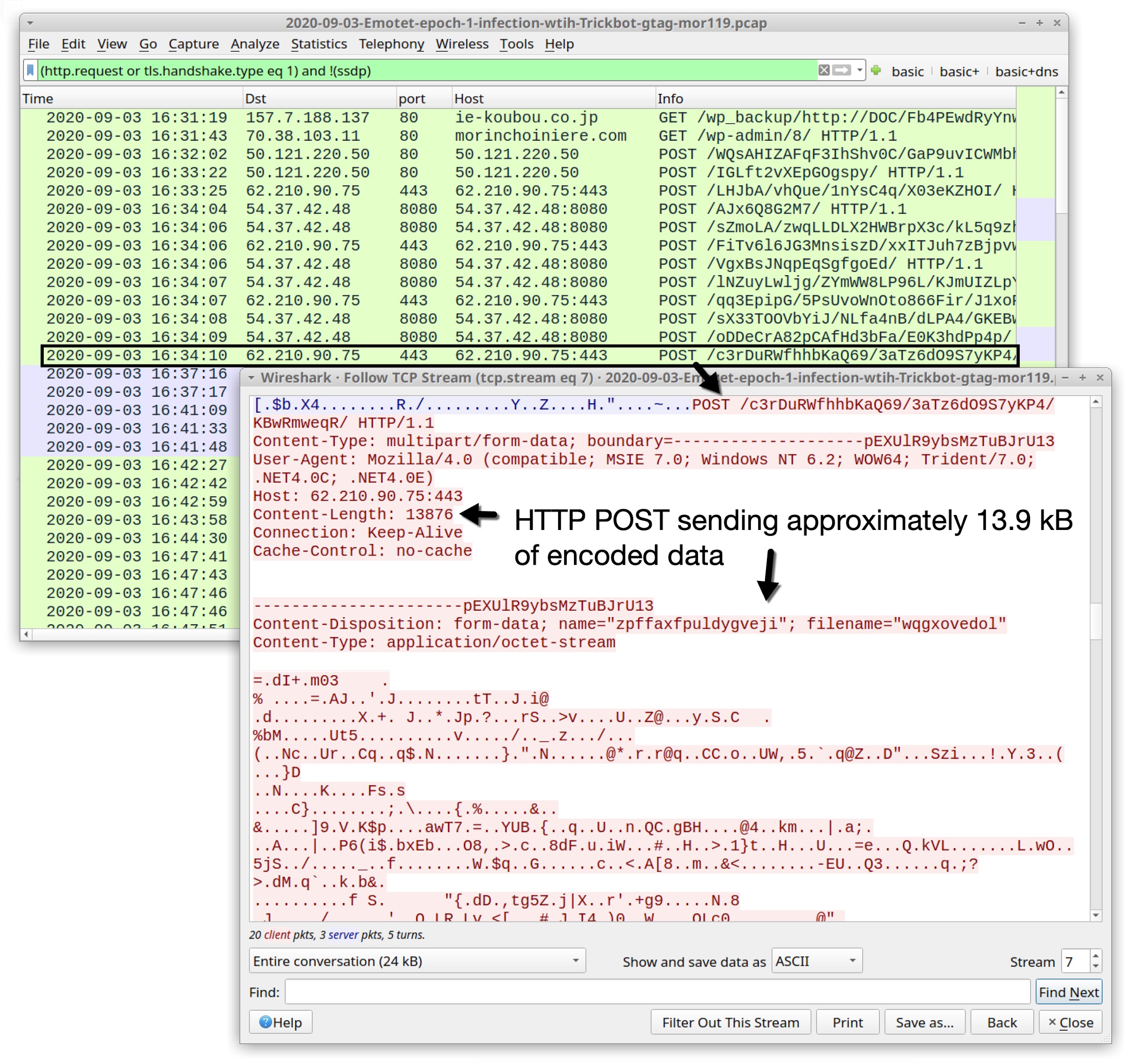 These images show a more significant amount of data being sent - the HTTP Posts sends approximately 13.9 kB of encoded data. It is large enough to contain email chain data collected from the infected Windows host, which allows thread hijacking to proceed.