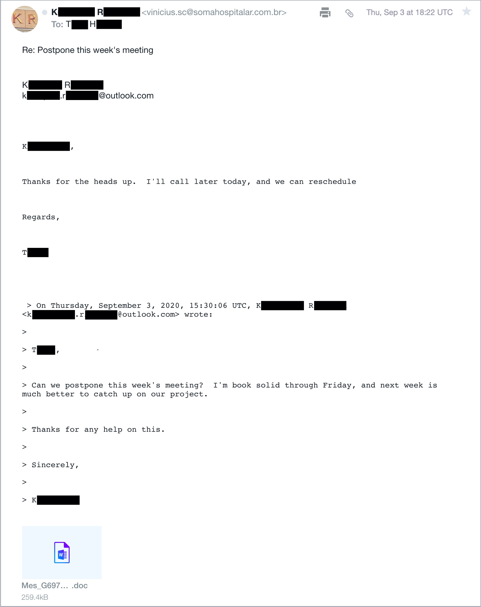 This image shows how the spoofed email appears after thread hijacking. Note the presence of a .doc attachment, which contains macros for Emotet.