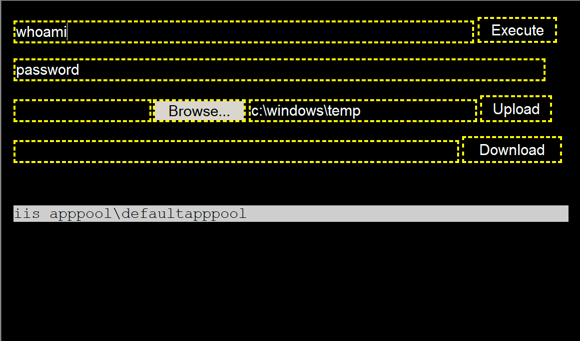 We gave the BumbleBee webshell its name because of the black, white and yellow color scheme shown here. This shows the interface an actor from the xHunt campaign would use to run commands on Microsoft Exchange Server.