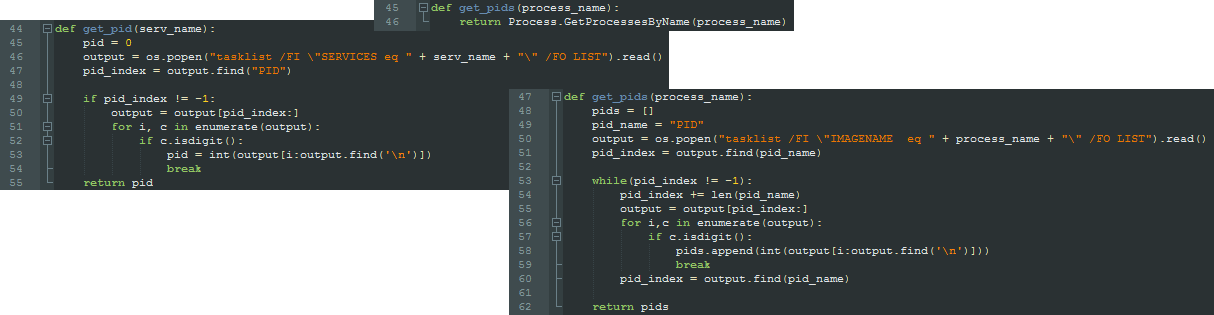 Figure 4. PID retrieval function variations in the different IronPython scripts.