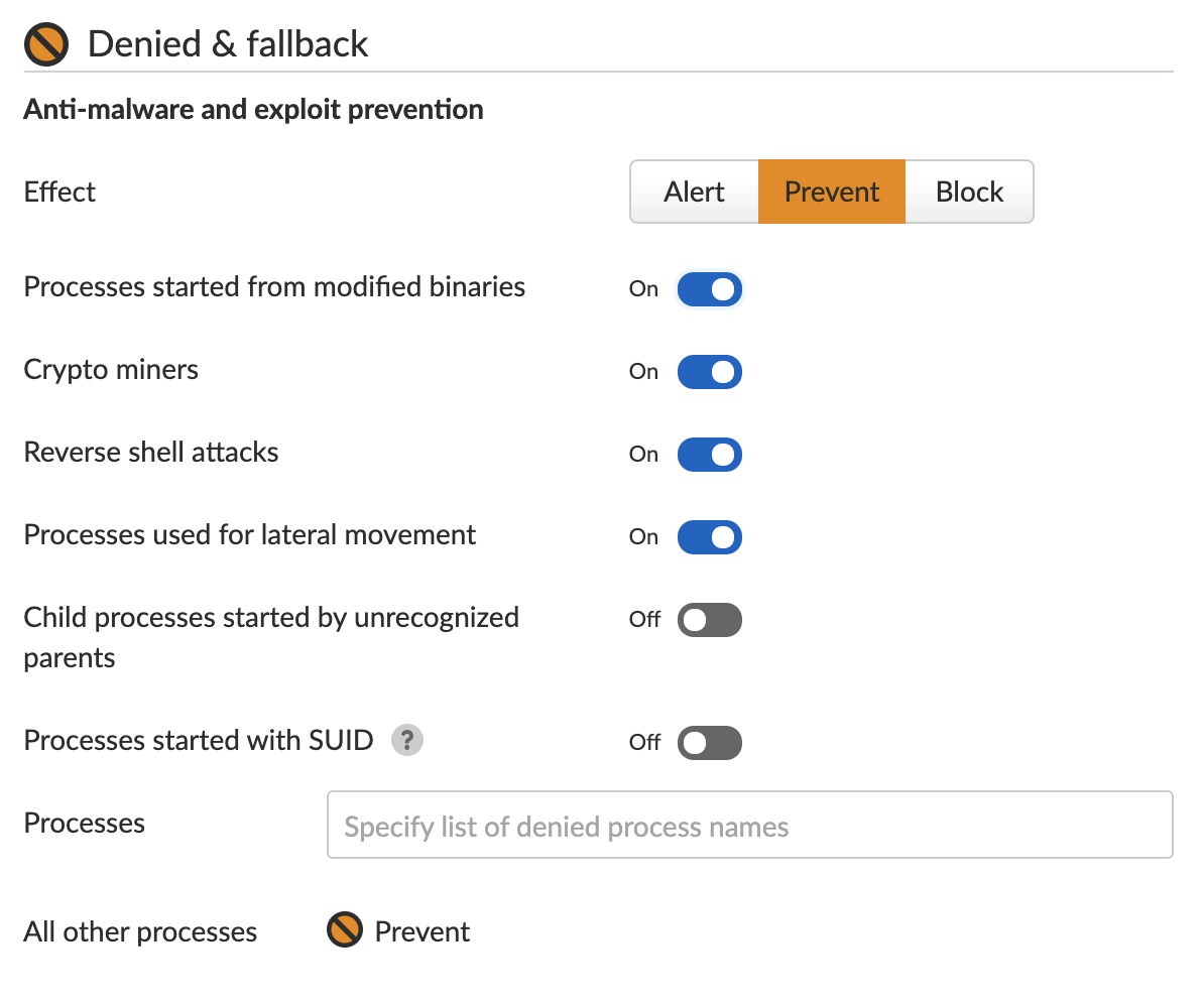 This shows how Prisma Cloud allows a user to choose what action to take in response to unexpected processes beginning to run on an environment. This is part of the Anti-malware and exploit prevention feature.