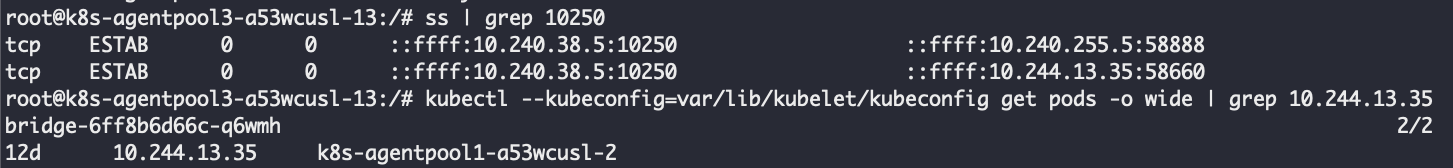 Reexamining exec requests arriving at the node revealed that the requests originated from a pod dubbed the 'bridge' running in the default namespace, as shown.