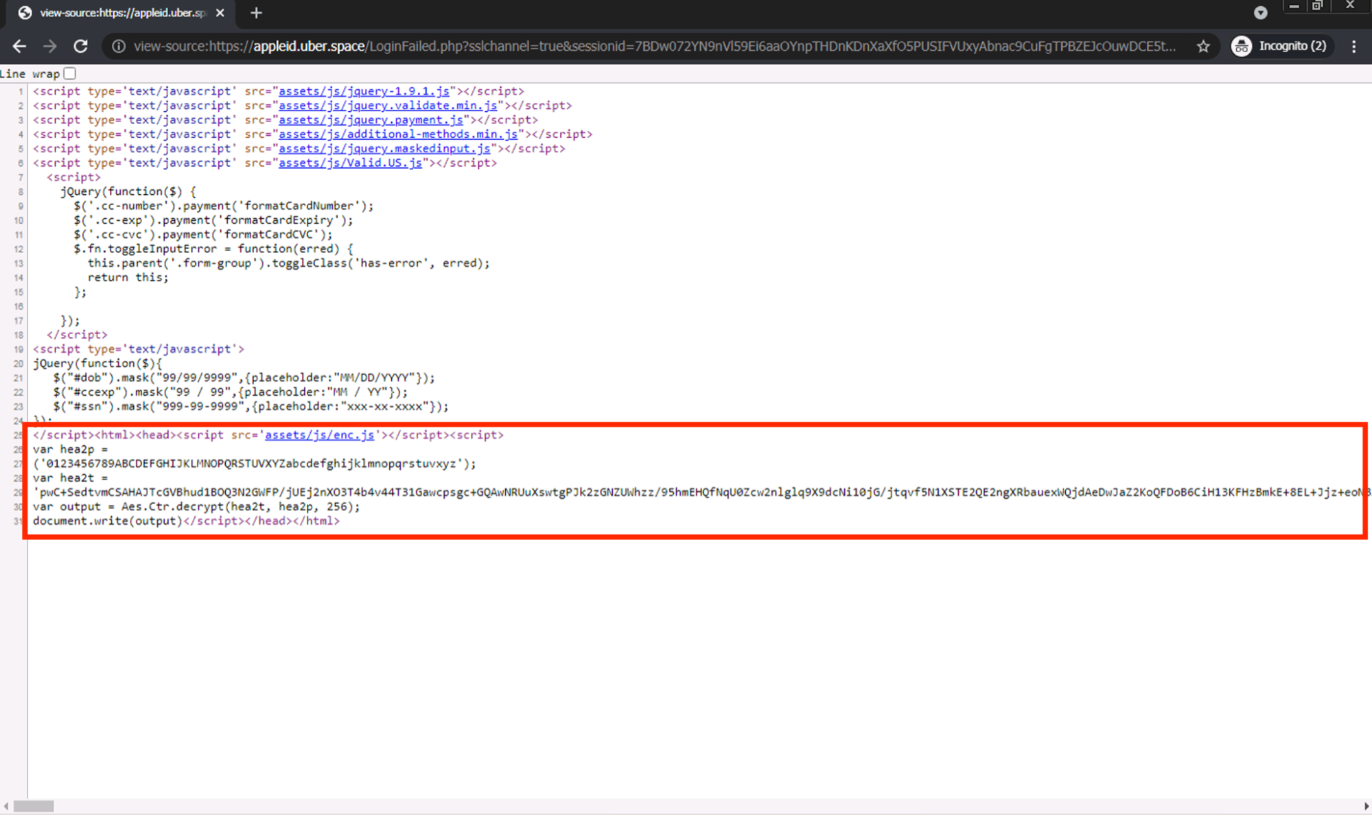 After investigating the source code behind the page, we see that most of the page content does not exist directly within the main body of the HTML. Rather, there is a large script tag at the bottom of the HTML source, as shown. This is an example of the JavaScript-based phishing approach discussed here.