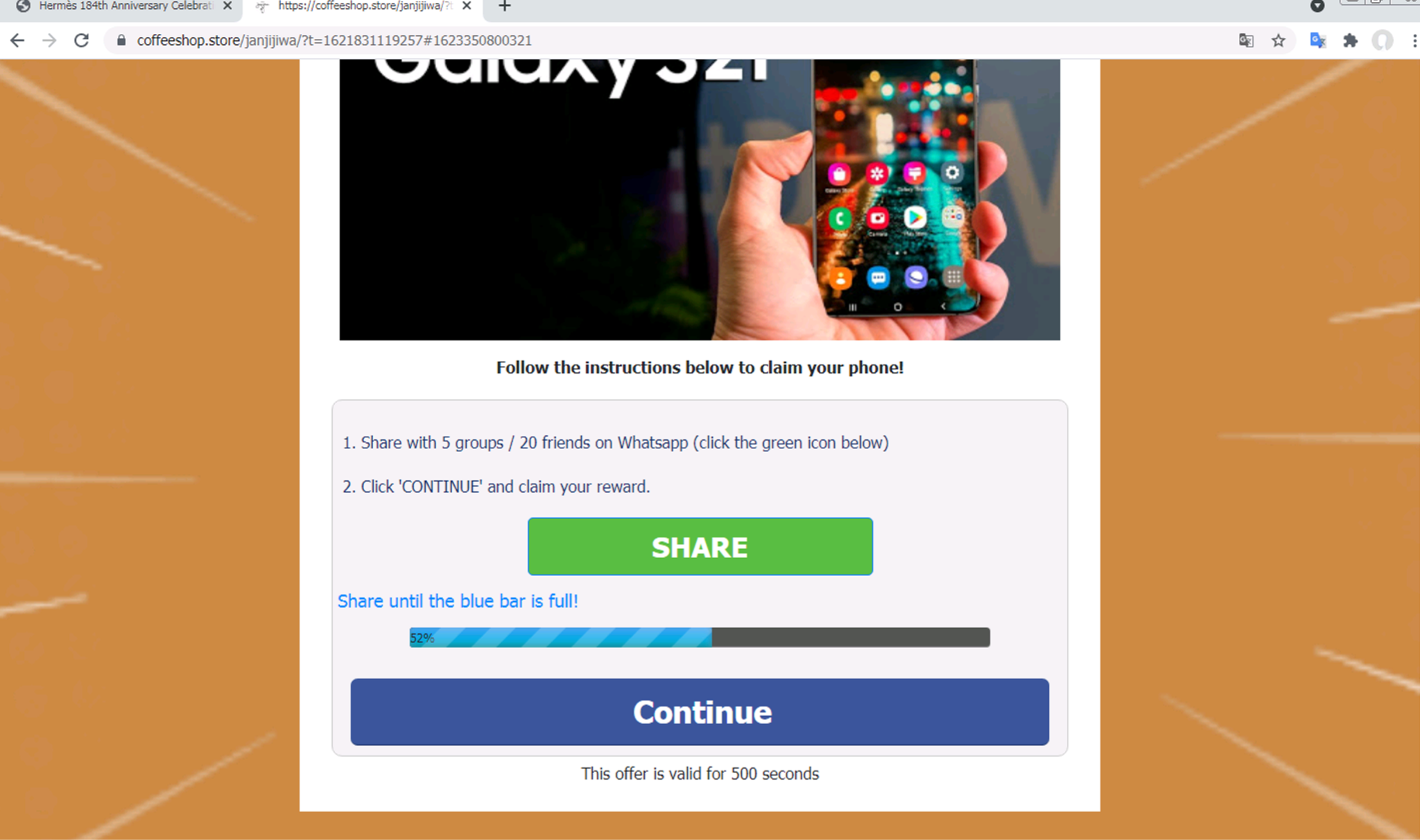 If the victim of the scam page shown follows the page's instructions to share it on WhatsApp, the blue bar shown on the page is incremented farther toward the right.