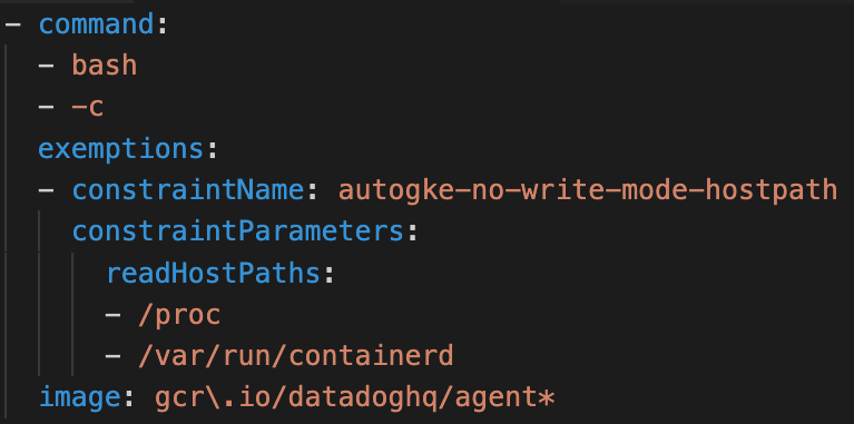 The screenshot shows the allow-listed workload configuration for one of the Datadog agents that caught our attention while searching for GKE Autopilot vulnerabilities.