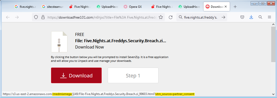 The screenshot shows the "Five Nights at Freddy's" download, but the link to the QR code leads to a malicious ISO image as shown.