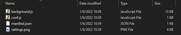 Downloaded extension files include background.js, conf.js, manifest.json and settings.png