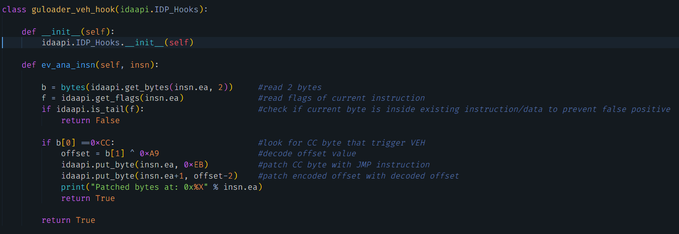 Function in the Python script where we're extending the ev_ana_insn() to deobfuscate the sample.