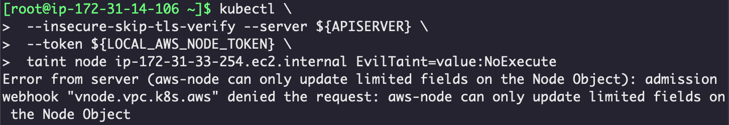 画像4は、EKSがaws-nodeのポッドによるノードへのtaint追加をブロックした様子を示したコード行のスクリーンショットです。