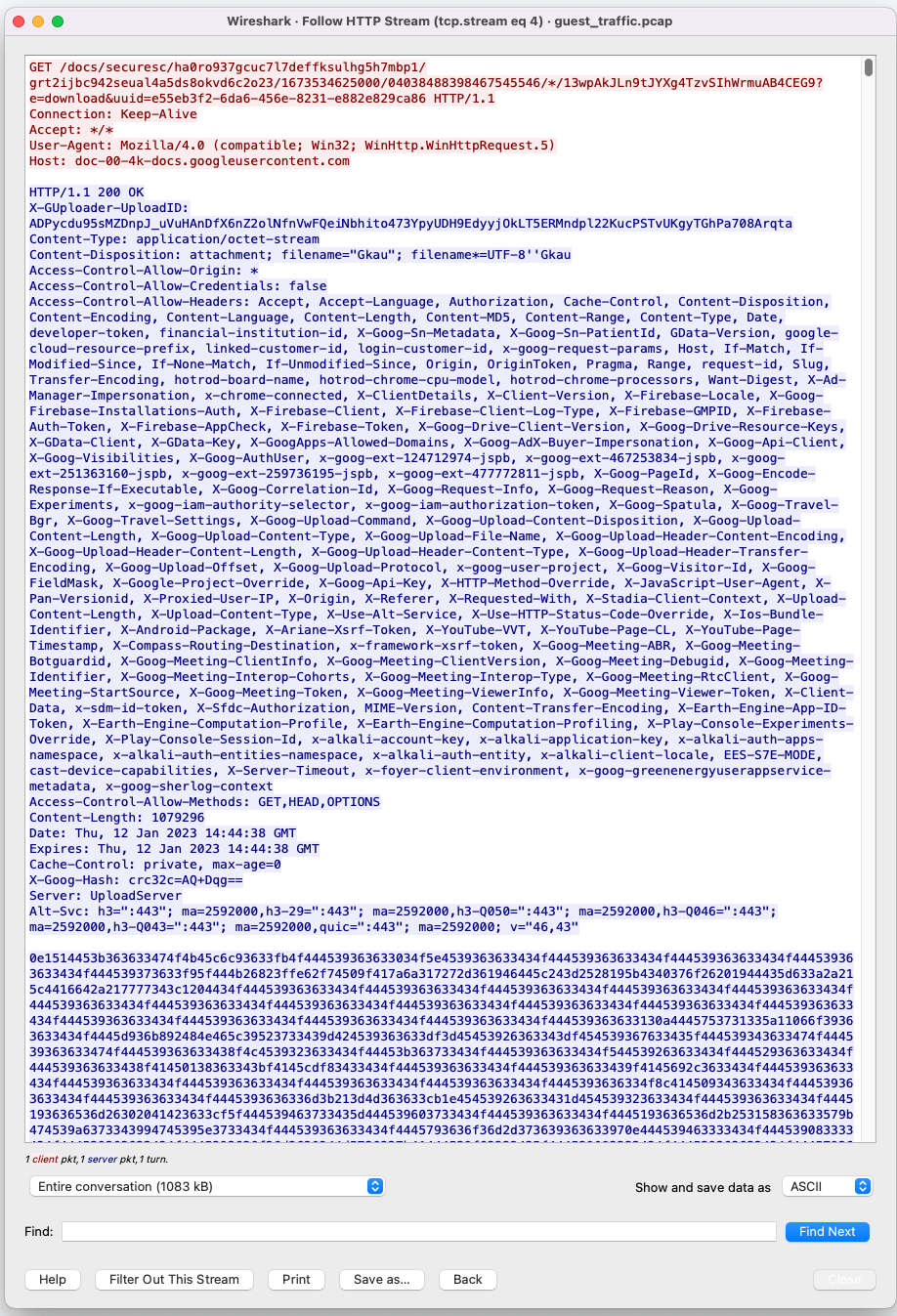 Image 10 is a screenshot of Wireshark showing the communication in a followed HTTP stream to the public file storage service.