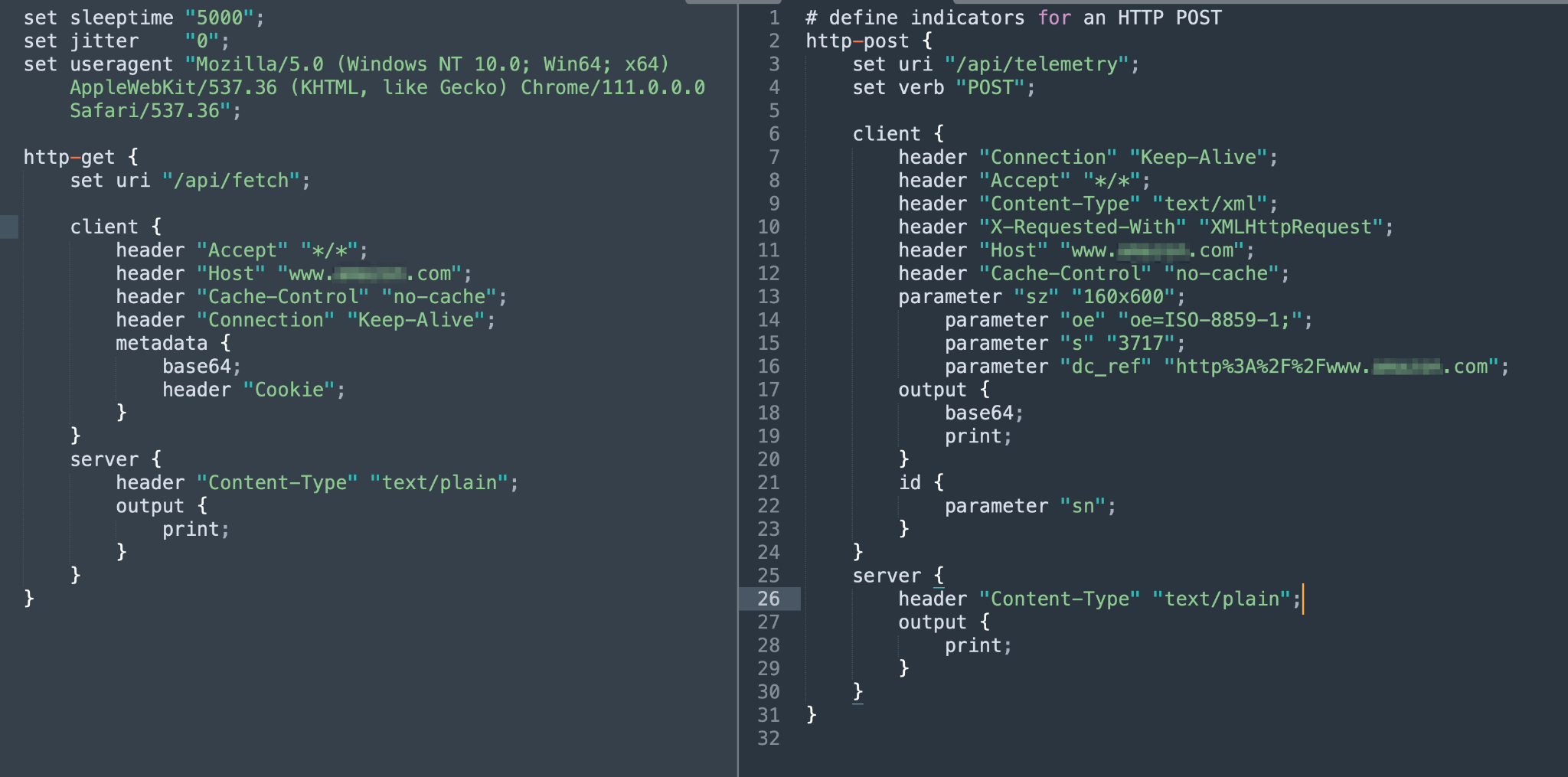 画像2は、偽造されたHTTP Hostヘッダーを持つ、Malleable C2プロファイルのスクリーンショットです。画面左のコード行は、GETトランザクションです。画面右のコード行は、POSTトランザクションです。このスクリーンショットにはBeaconの情報も含まれています。宛先IPアドレスのASNレコードが別の所有者のものであることからこれが改ざんされたものであることがわかります。