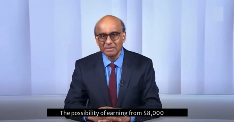 Deepfake of Tharman Shanmugaratnam on business attire is presenting, with text overlay stating "The possibility of earning from $8,000" in a studio setting.
