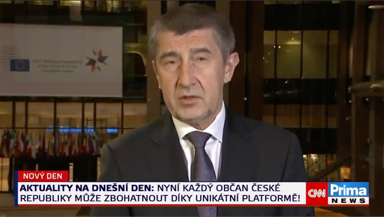 Scam video with deepfake of Andrej Babiš speaking during a news broadcast on Prima News.