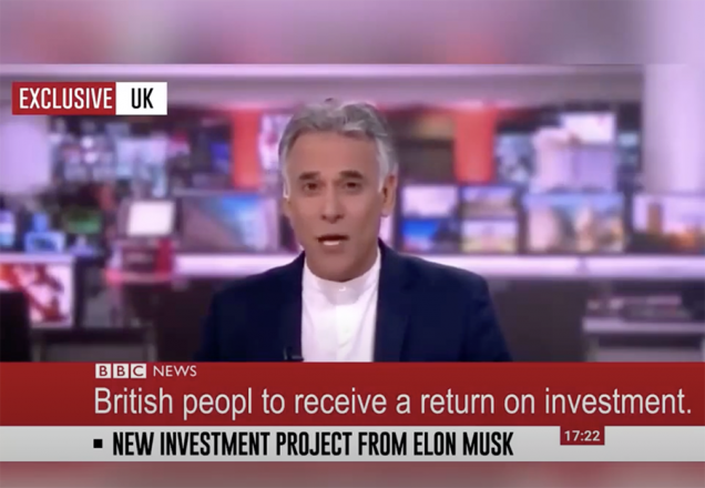 Deepfake of Matthew Amroliwala reporting on BBC News about a new investment project from Elon Musk, noting that British people will receive a return on investment. The screen displays 'EXCLUSIVE' and 'UK' tags with a time stamp of 17:22.