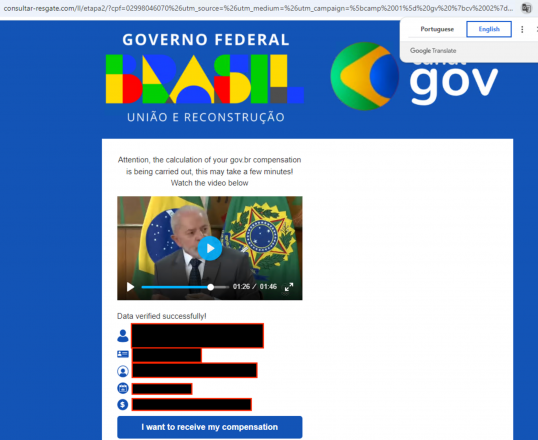 Phishing webpage mimicking the site of the Federal Government of Brazil featuring a deepfake video of Luiz Inácio Lula da Silva, displayed alongside the national emblem. The webpage includes a notification about the calculation of compensation, a video progress bar indicating 1:26 of 1:46 minutes viewed, and a blue button labeled 'I want to receive my compensation.' Some of the information has been redacted.