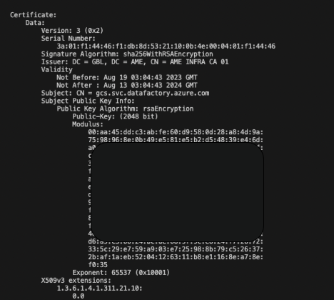 Screenshot of a digital certificate displaying various encryption and authentication details including serial number, issuer, validity dates, and other security algorithms. Some information is redacted.