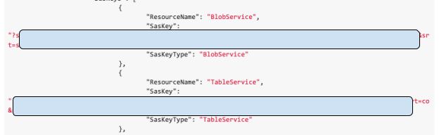 Screenshot of code with highlighted sections showing resource names as "BlobService" and "TableService." Some information has been redacted.