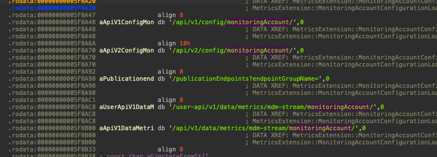 Screenshot of a computer screen displaying various lines of coding and configuration paths related to a monitoring account, which are highlighted in red boxes.