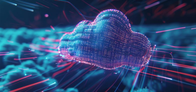 Pictorial representation of cloud alert trends. Digital illustration of a glowing cloud composed of binary code, surrounded by dynamic red and blue light streaks, symbolizing cloud computing technology.