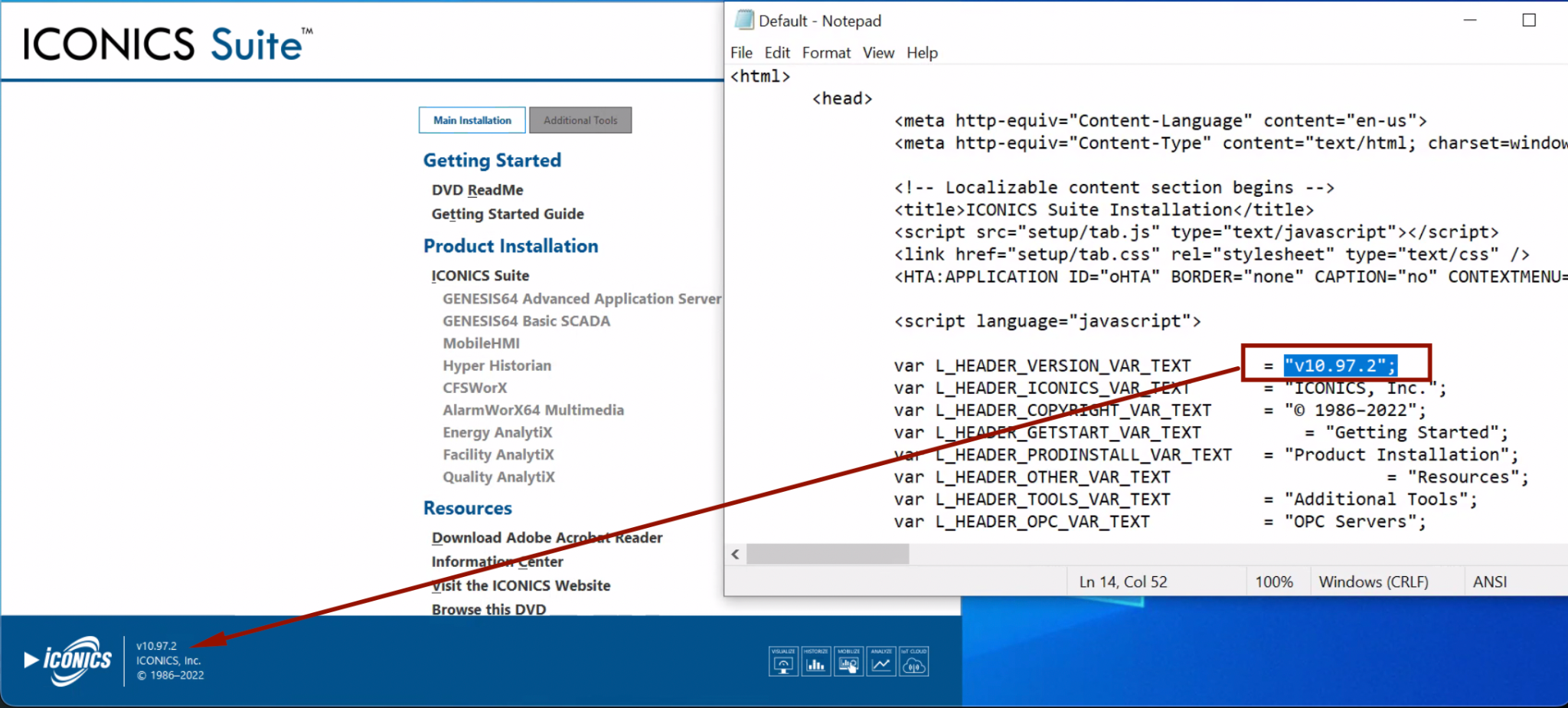 Image 1 is two screenshots side by side. On the left is a screenshot of the ICONICS Suite software readme and user guide. A red arrow points to the version number on the bottom left of the screen. On the right side is a notepad document. The contents are many lines of code as well as the version number that is in the header section.