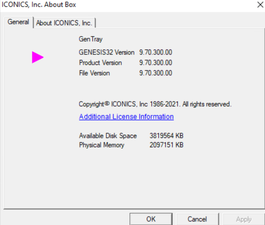 Image 2 is a screenshot of the version information for Genesis32. There are two tabs, General and About ICONICS Inc. A magenta arrow points to the product version, which is 9.7.300.00. The information also includes additional license information, available disk space, and physical memory.