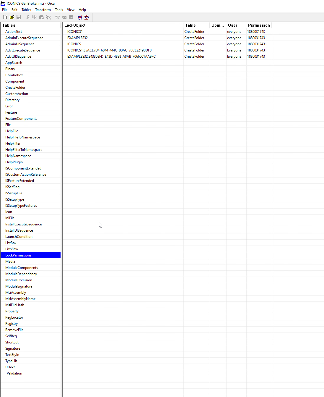 Image 4 is a screenshot of the LockPermissions table in the program Orca of ICONICS General broker.MSI. On the left is a window where the user can click into different kinds of tables. The columns included in the pane on the right include LockObject, Table, Dom…, User and Permission.