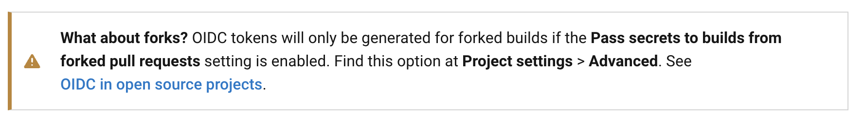 Text box displaying an informational message about settings for forked builds for CircleCI, indicating where to find options under Project Settings > Advanced.