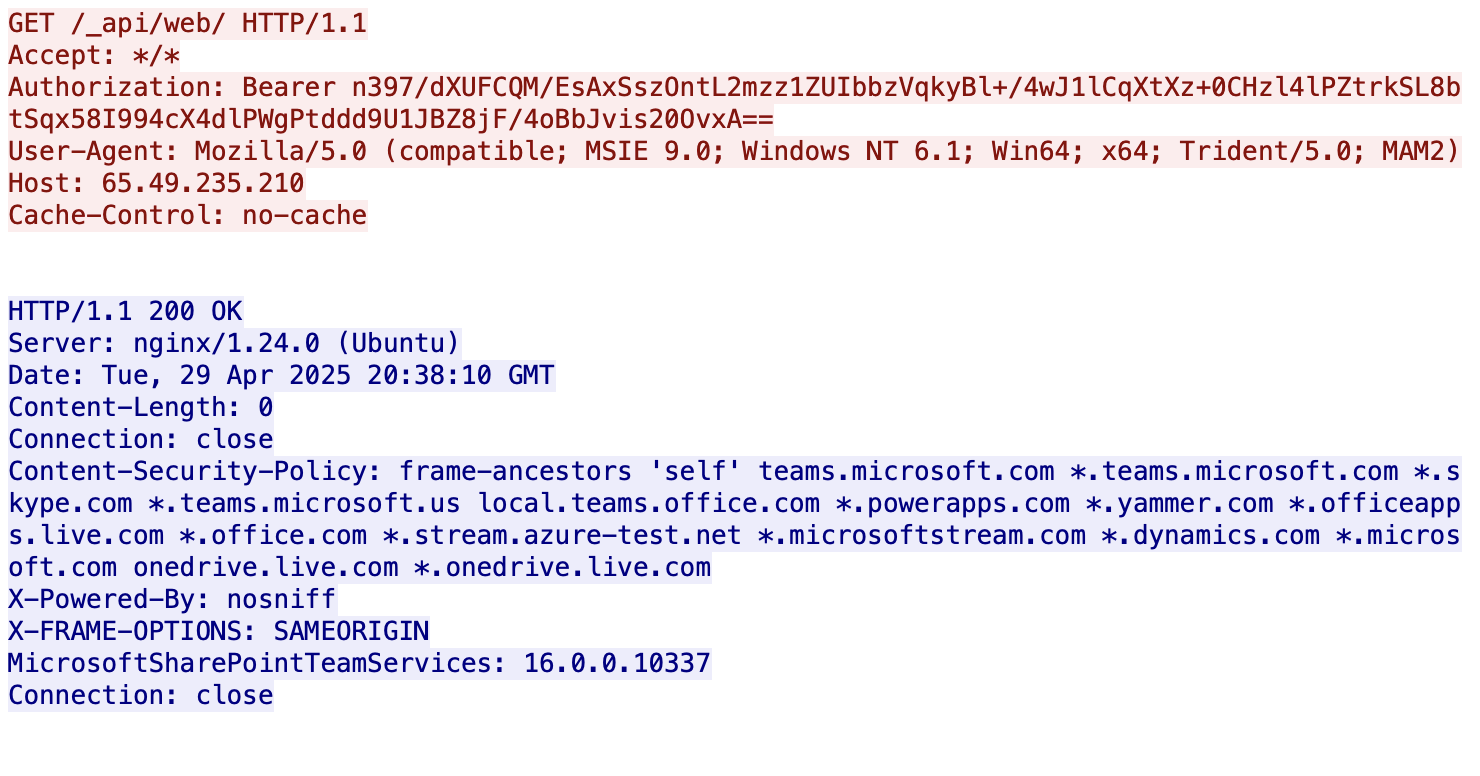 A screenshot of a computer network message showing an HTTP request and the corresponding response, with text mostly in technical code format.