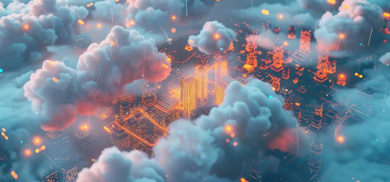 Pictorial representation of AWS Roles Anywhere. Futuristic cityscape with glowing orange and blue structures, elevated clouds, and illuminated, scattered points representing lights or data points.